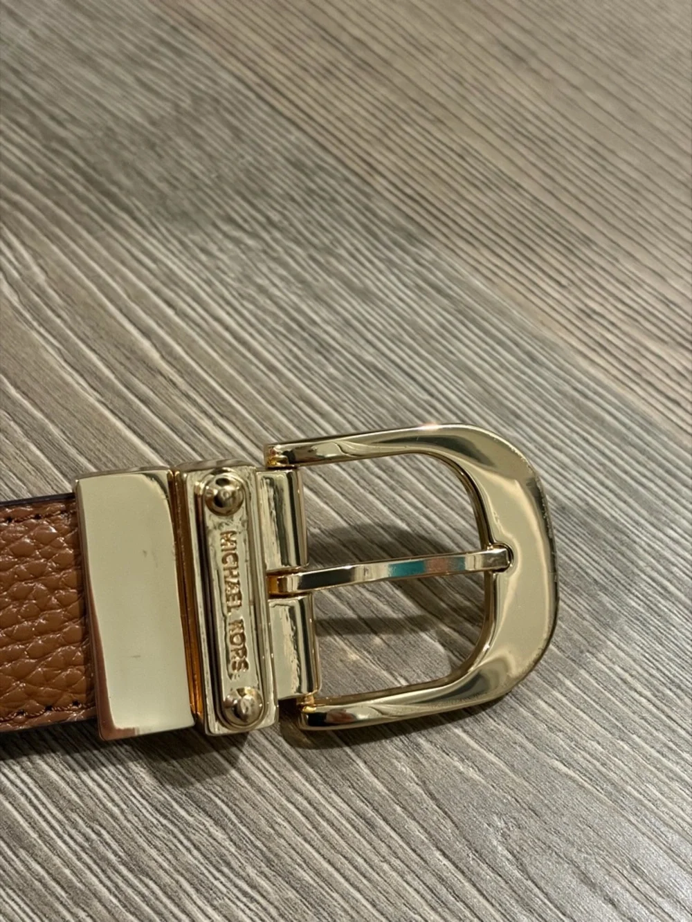 Michael Kors Beige Monogram Leather Logo Belt with Gold Buckle